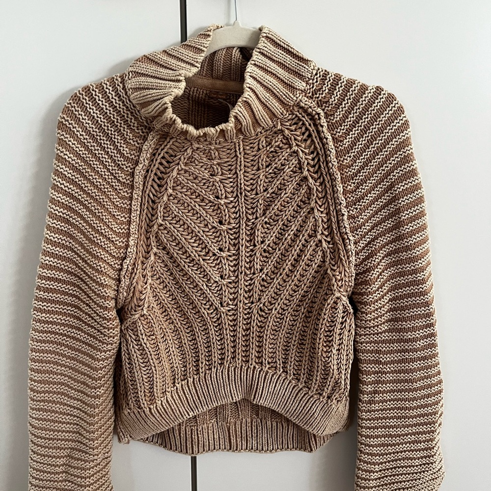 Free People Marled Cable Knit Turtleneck Sweater - Tan